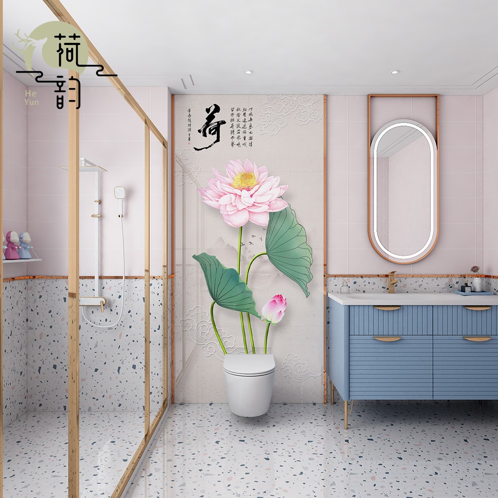 卫生间背景墙花片浴室玄关中式荷花图案瓷砖岩板淋浴造型墙砖定制