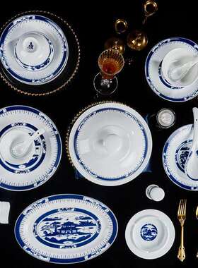 景德镇白瓷具套装碗碟家GQJ用中式组陶古瓷碗盘子合复青花餐瓷釉