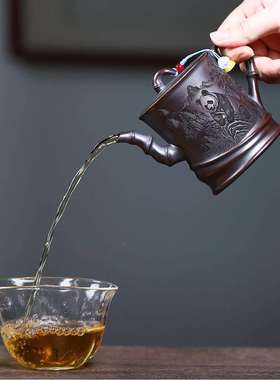 分销宜兴紫砂壶28588熊原古乌泥竹手工制作矿满刻影韵高端茶壶茶