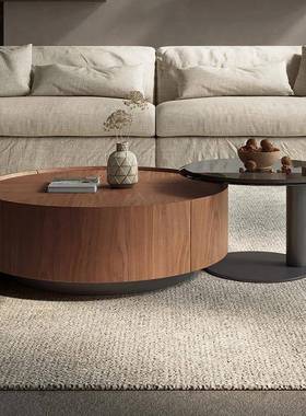 法式复古中代风胡桃木QRW茶古几桌现轻小户型大小圆客厅奢茶几组