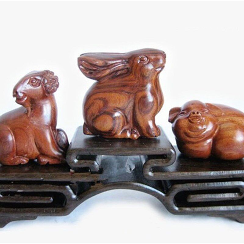 桃木雕刻亥卯未猪兔羊三合生肖平安吉祥办公室客厅桌面装饰品