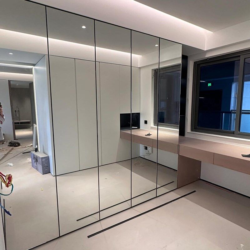 镜面玻璃柜门定制隐框灰镀膜钢化玻璃柜门镜子铝合金衣帽书柜酒柜
