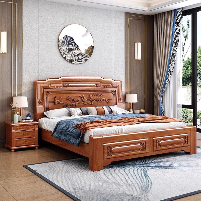 中式金花梨木实木床双人床1.8米榫卯结构古典雕花加厚工厂直销