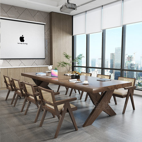 实木会议桌长桌现代办公培训桌椅大型工业风长条桌工作台