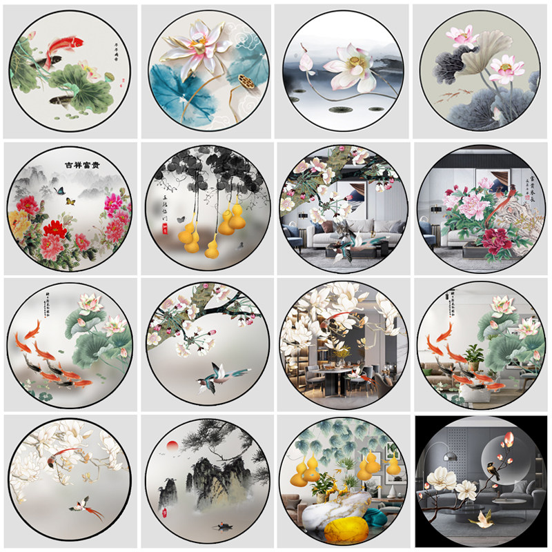 装饰艺术玻璃圆形屏风隔断面磨砂彩绘工艺玄关过道背景墙画