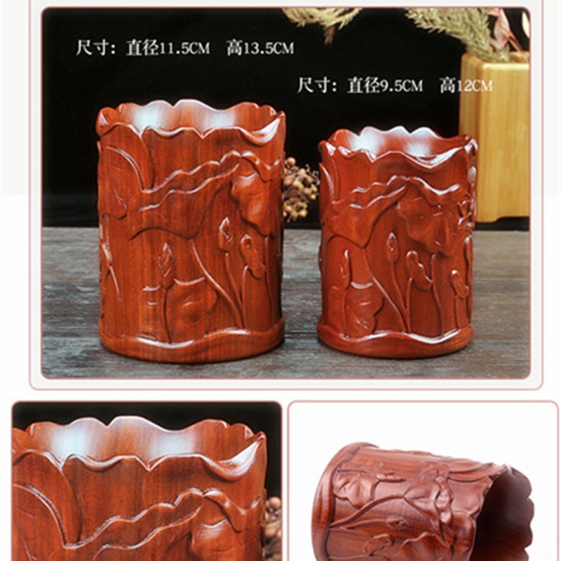 实木雕刻原木红木黑檀笔筒 创意檀木中式仿古摆件 办公礼品