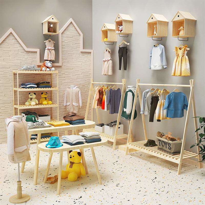 服装店实木展示架童装店儿童专用小衣架货架收纳架童装陈列挂基通图片