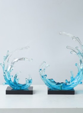 现代艺术雕塑蓝色浪太湖石酒店大堂玄关招财装饰品