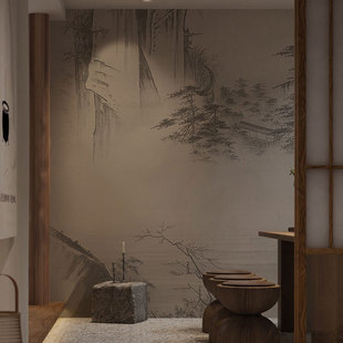 新山水古画侘寂风墙纸茶室包间卧室客厅墙布养生馆采耳店壁画