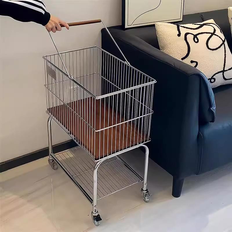 不锈钢中古脏衣篮双层衣服收纳筐卫生间移动架子脏衣篓推车置物架
