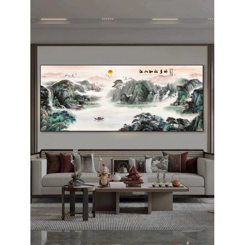 新客厅装饰画横沙发背景墙壁画流水生财山水风景办公室国画