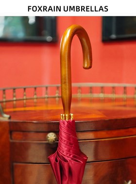 Foin复古olid一体式枫木弯柄长柄伞墨绿酒红高级感雨伞定制