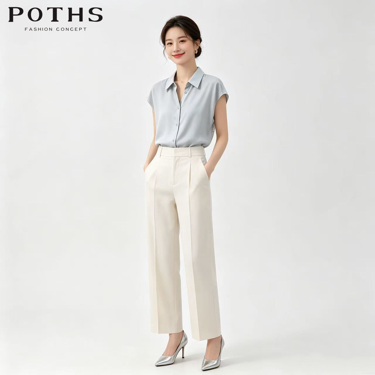 POTHS/铂玺2026简约风后背蕾丝短袖雪纺衫夏通勤百搭翻领气质上衣