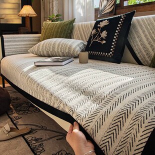 沙发垫四季通用防滑鱼骨纹法式中古风直排坐垫盖布沙发罩巾