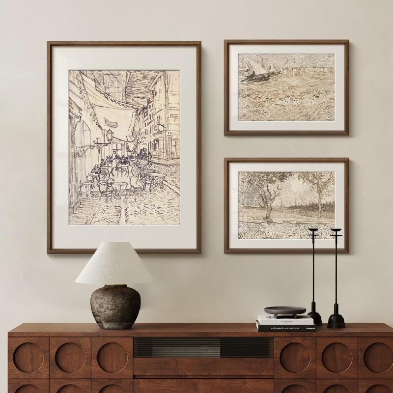 梵高素描风景画组合画法式复古艺术客厅装饰画中古风玄关斗柜挂画图片