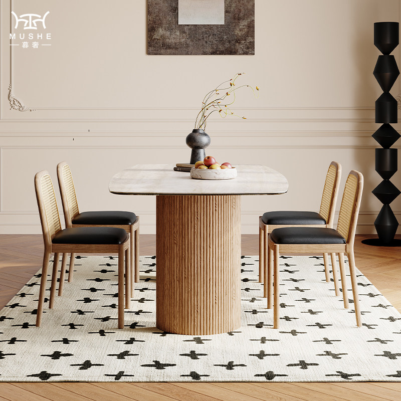 暮奢法式色餐桌椅洞石岩板奶油风实木餐桌