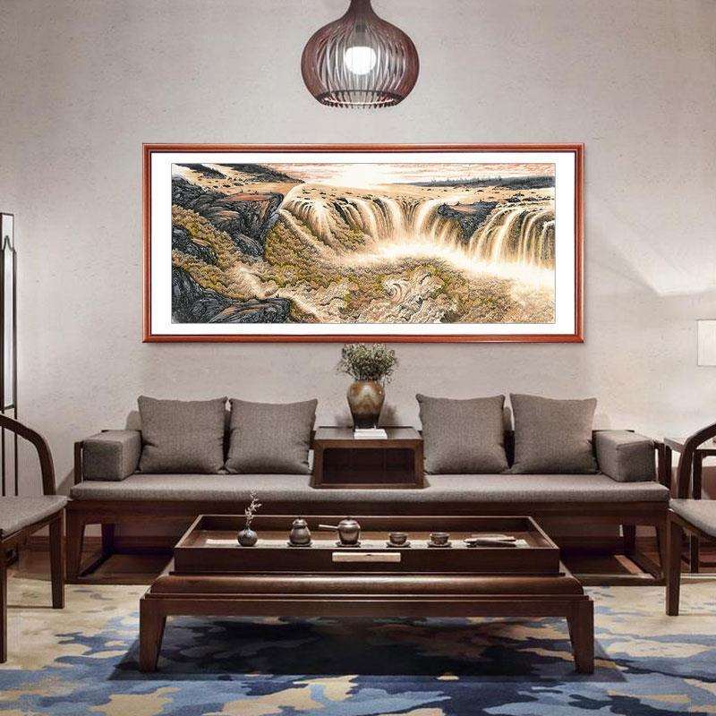 山水画国画壶口瀑布风水靠山图客厅装饰画招财办公室字画挂画壁画