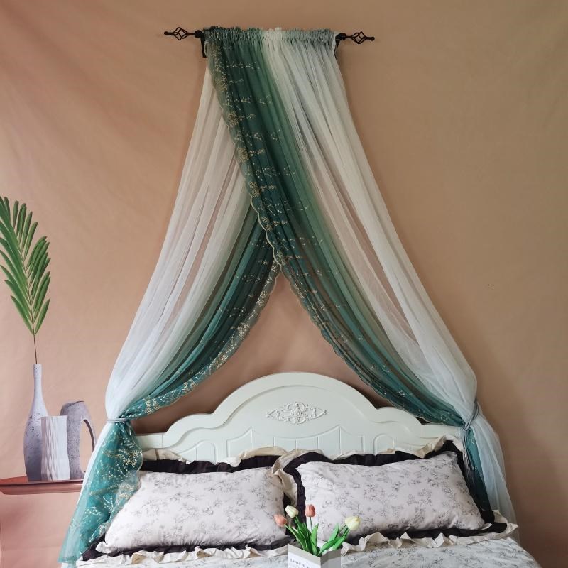 中古侘寂风床幔i床帘纱幔墨绿公主风渐变刺绣纱装饰艺术罗马杆简