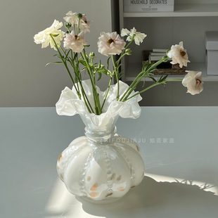 饰品摆件轻奢高级感客厅茶几花器插花瓶 珠光琥珀金中古芬顿花瓶装