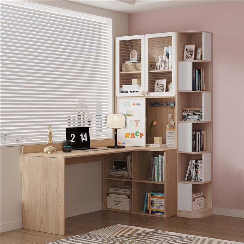 可比熊实木转角书桌书柜一体小户型家用电脑桌学生学习桌儿童书房