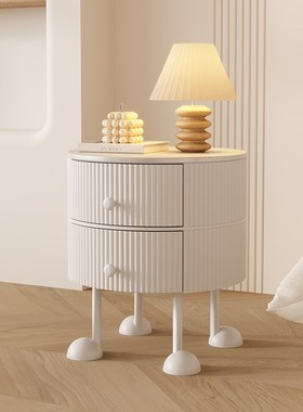 YNO法式奶油风创意卧圆形实木床头柜家用卧室小型极简床边柜