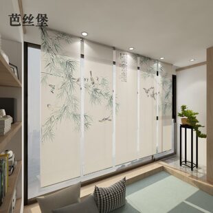 软装 遮光手拉售楼处 饰屏风卷帘半布艺酒店隔断新中式 窗帘透明挂式