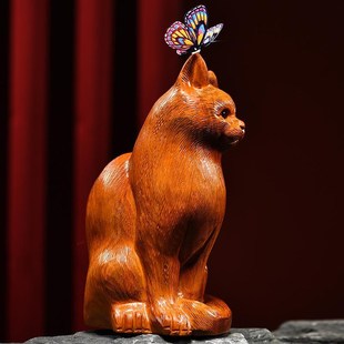 木雕小猫咪实木质雕刻爱客厅办公书桌女友工艺礼品