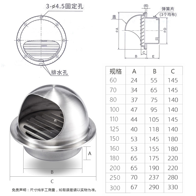 0不锈钢风帽外墙出风口穿墙排气口出风罩排风罩油烟机排烟室外