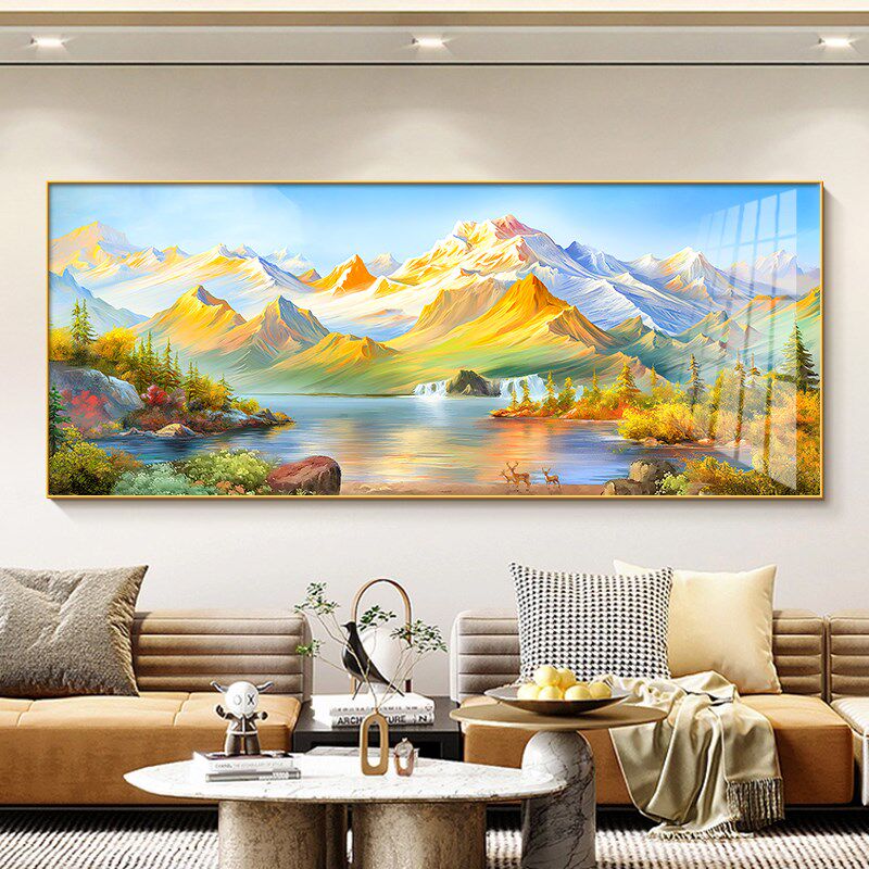 现代西墙聚宝盆背景墙金山图背靠靠山沙发客厅挂画新款山水画