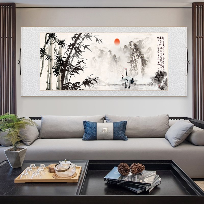 青绿色翠竹图竹子国画客厅装饰画沙发背景墙壁画竹报平安横板挂画