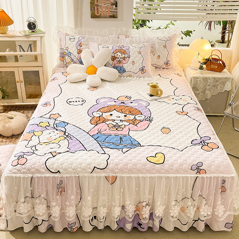 爱卡通加厚牛奶夹棉床裙式床罩儿童公床围裙保护