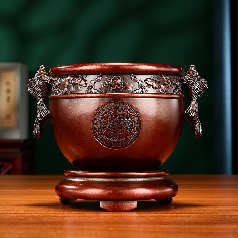 黄铜聚宝盆《福鱼进宝缸》摆件客厅客厅办公室装饰品开业乔迁礼品