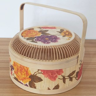 新款中秋节端午节过年送礼串丝竹包装竹篮子礼盒牡丹图案