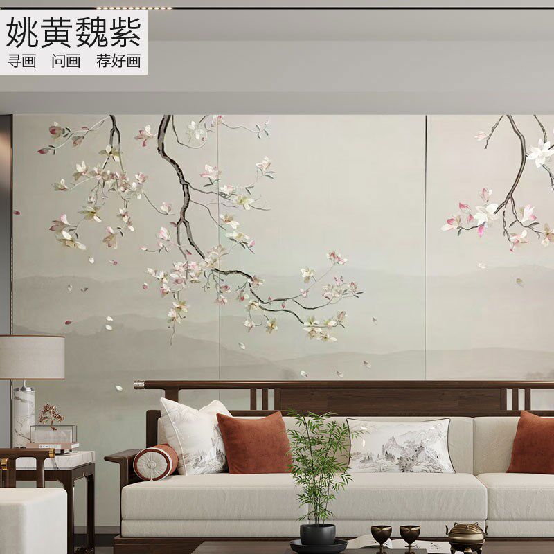 粉色下垂玉兰鸟刺绣墙布硬包电视背景墙立体床壁布