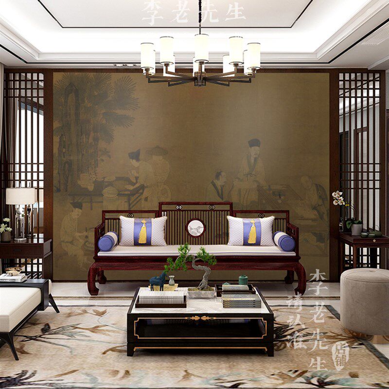 撵茶图壁纸复古国风墙纸茶楼酒店卧室客厅定制壁画会所背景