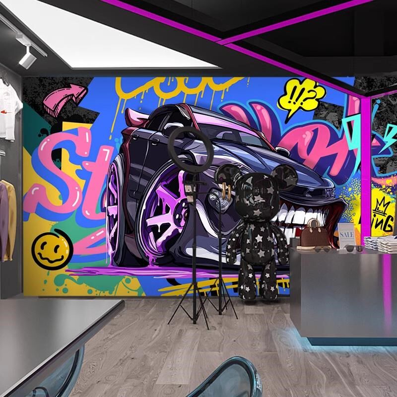 立体涂鸦健身房壁纸跑车汽修厂改装店墙纸题吧车库背景墙布