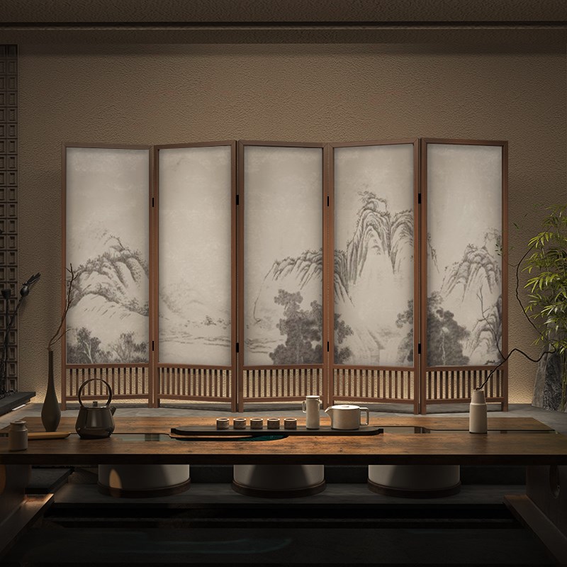 中式水墨山川实木屏风隔断客厅玄关书房茶室遮挡办公室栅栏折屏