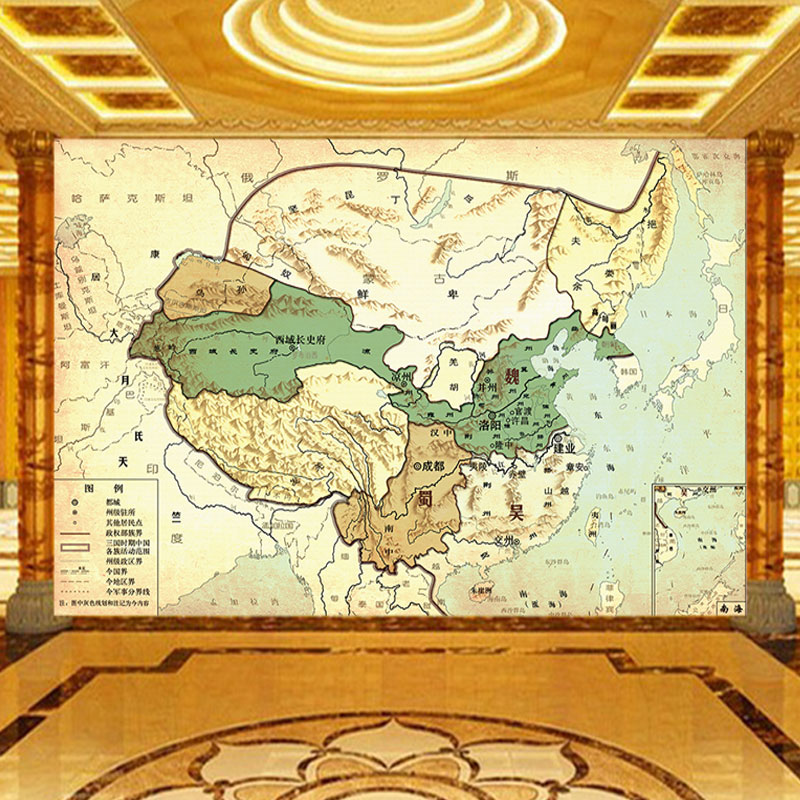 三国时期地图墙纸中式书房背景墙装饰壁画魏蜀吴疆域古代地图壁纸