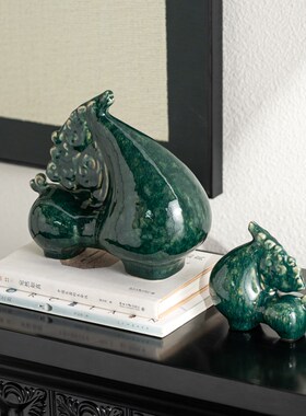 新墨绿色马陶瓷办公室装饰客厅玄关茶室酒柜摆饰