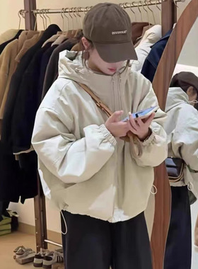 抽绳夹棉连帽冲锋衣外套女2024秋冬宽松休闲加厚保暖棉服通勤风