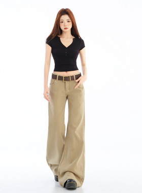 美式复古微喇牛仔裤女秋冬新款低腰宽松小众卡其色垂感棕色