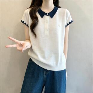 T恤Polo领撞色几何显瘦女 胖MM宽松针织春夏薄短袖 300斤穿搭大码