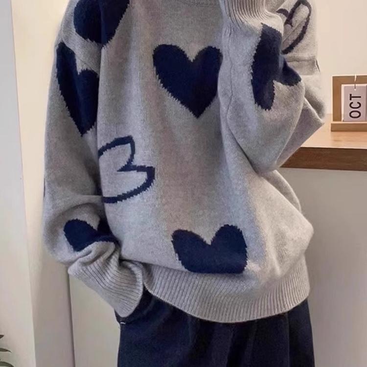 大码爱心提花慵懒针织毛衣