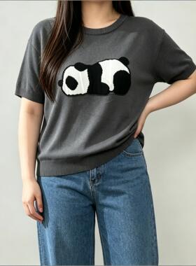 大码女装宽松胖MM遮肉1-300斤穿搭针织短袖夏季薄款熊猫图案休闲