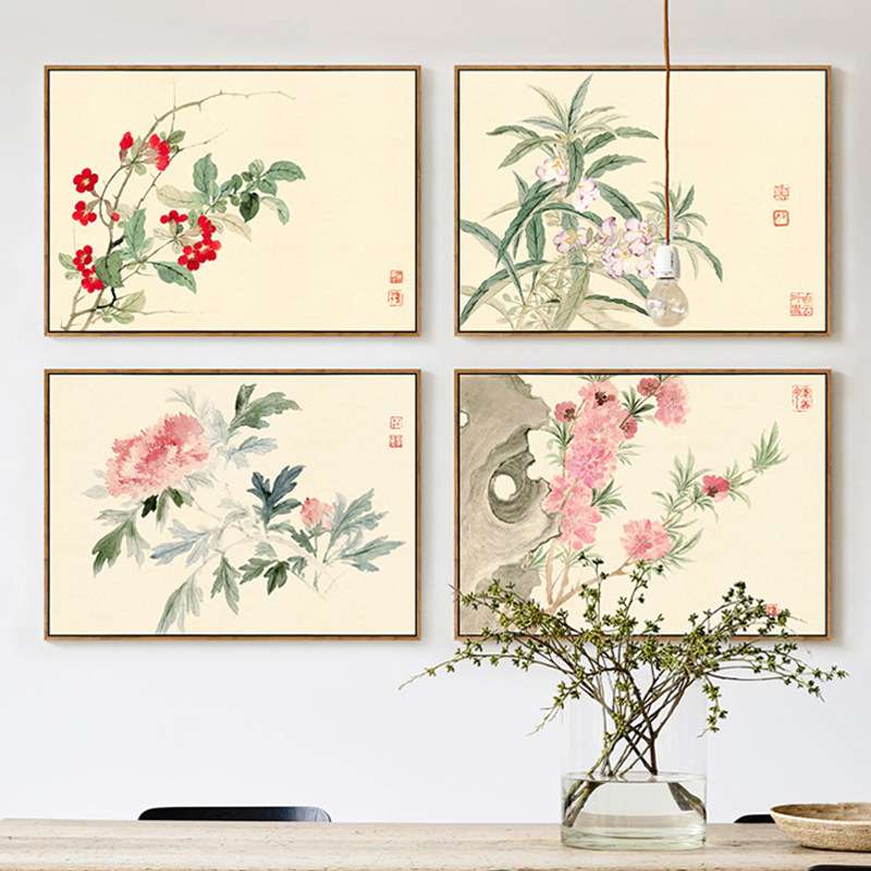 新中式客厅装饰画恽寿平花卉册日式卧室挂画床头背景墙画餐厅画图片