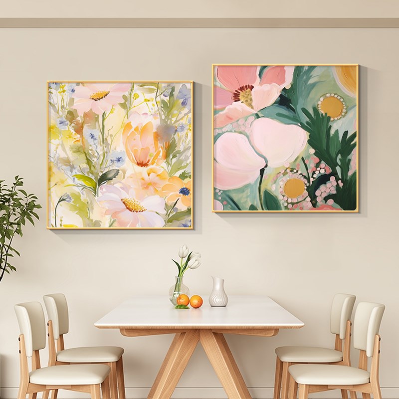 奶油风花卉餐厅装饰画沙发背景墙走廊过道壁画创意晶瓷小尺寸挂画图片