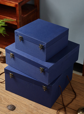 蓝色布面锦盒长方形玉器石头古玩碗礼盒空盒正方形礼品盒定制