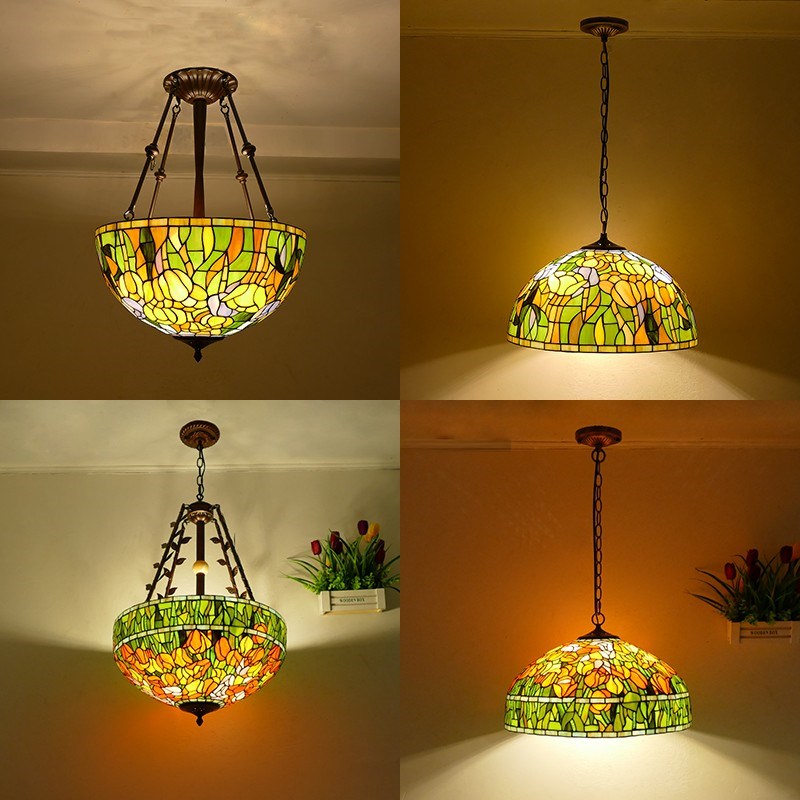 欧式田园风大吊灯纯手工彩色玻璃灯罩家用酒店民宿卧室餐厅高灯具