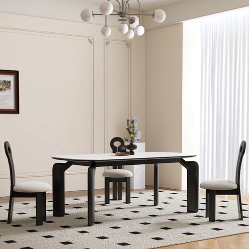 法式复古岩板实木餐桌椅现代长方形饭桌设计师端餐桌