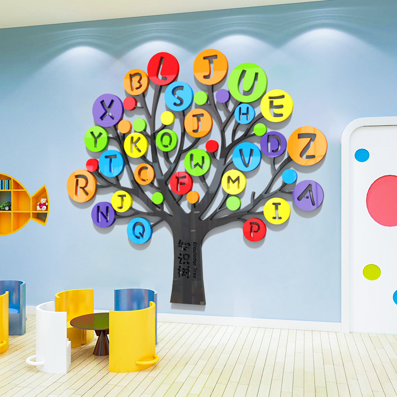幼儿园教室墙面装饰26个英文字母树自粘画早教儿童启蒙墙贴3d立体图片